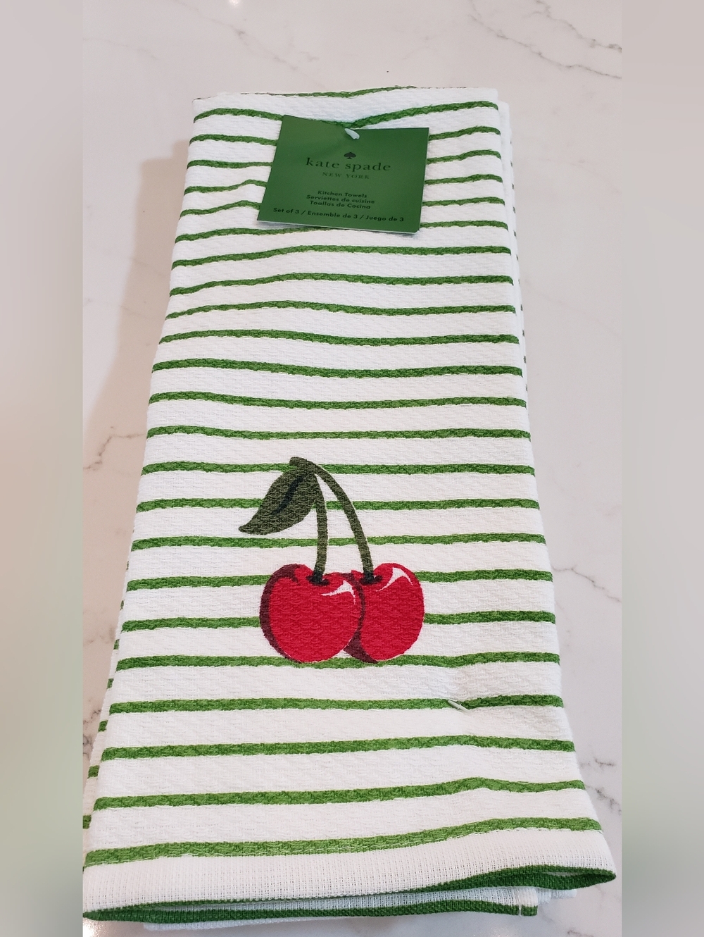 kate spade White and Green Striped Towel with Red Cherry Embroidery